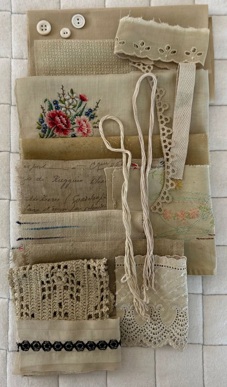 YERBA MATE #3 Plant Dyed Bundle Which Includes Repurposed Cottons, Linen, Trims and Thread for Slow Stitching Projects