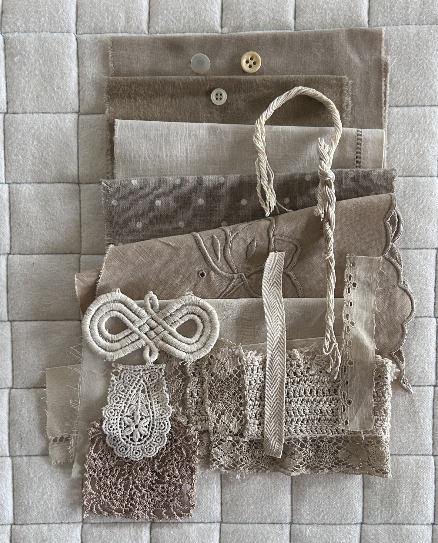 DANDELION Plant Dyed Bundle: Repurposed Cottons, Linen, Trims,and Threads for Slow Stitching and Fabric Collage Projects