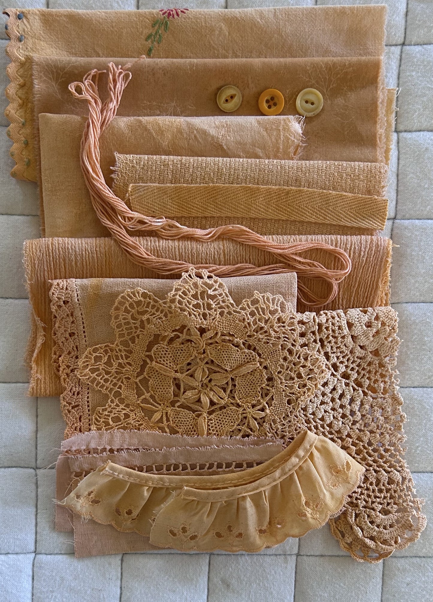 ANNATTO #1 Plant Dyed Bundle Which Includes Repurposed Cottons, Linen, Trims, Lace, and Thread for Slow Stitching Projects