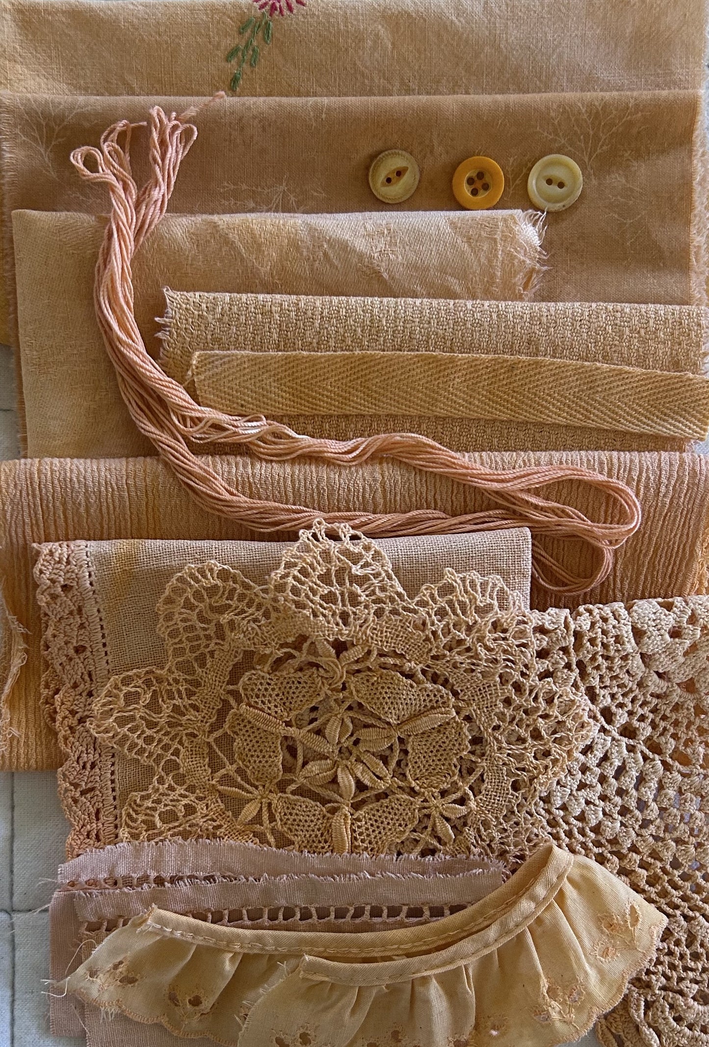 ANNATTO #1 Plant Dyed Bundle Which Includes Repurposed Cottons, Linen, Trims, Lace, and Thread for Slow Stitching Projects