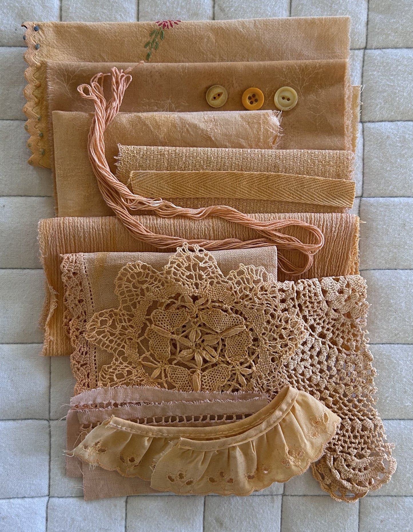 ANNATTO #1 Plant Dyed Bundle Which Includes Repurposed Cottons, Linen, Trims, Lace, and Thread for Slow Stitching Projects