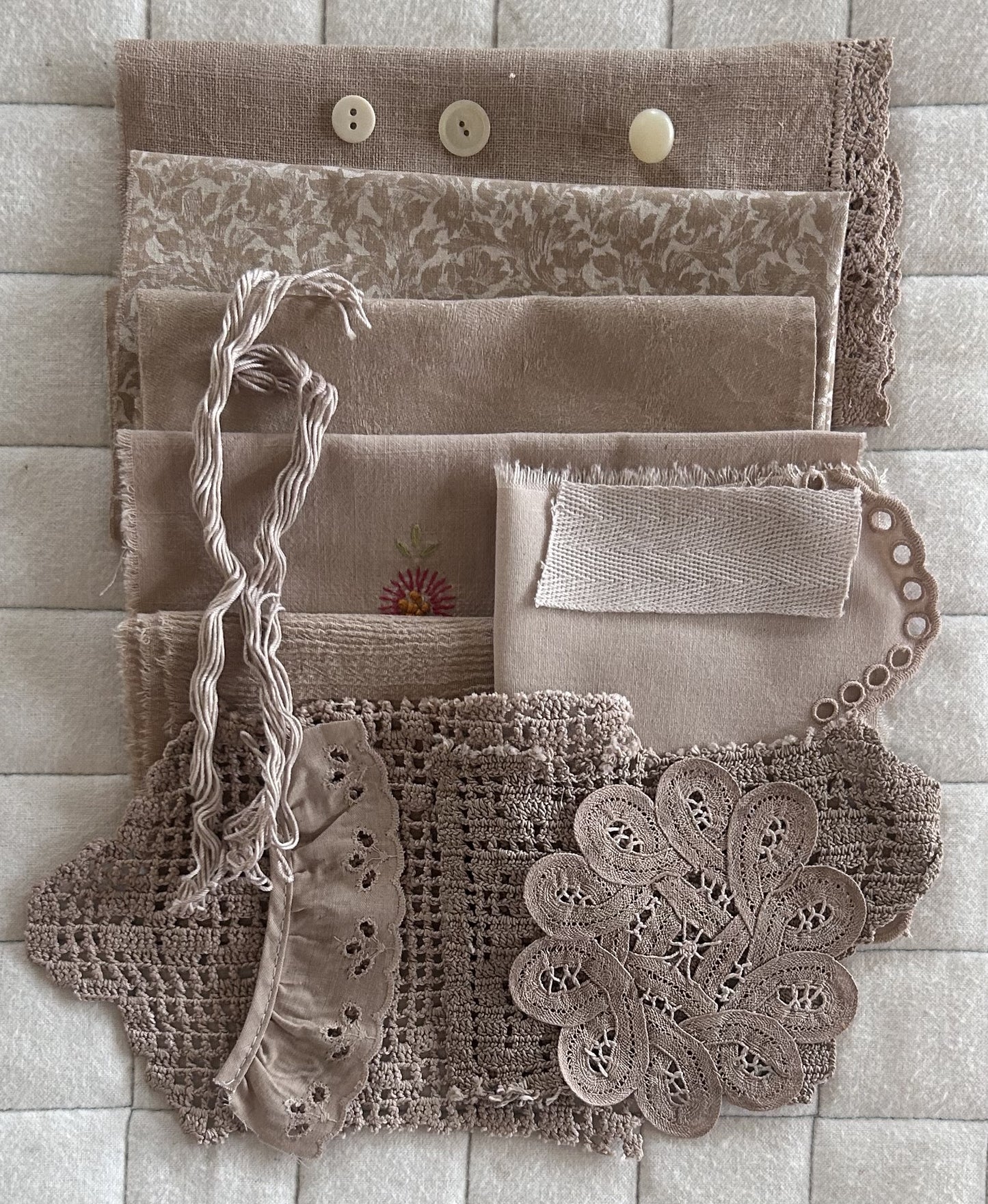 WALNUT #3 Plant Dyed Bundle Which Includes Repurposed Cottons, Linen, Trims, Lace, and Thread for Slow Stitching Projects