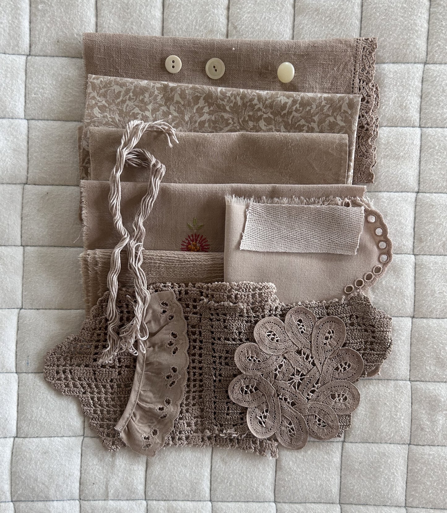 WALNUT #3 Plant Dyed Bundle Which Includes Repurposed Cottons, Linen, Trims, Lace, and Thread for Slow Stitching Projects