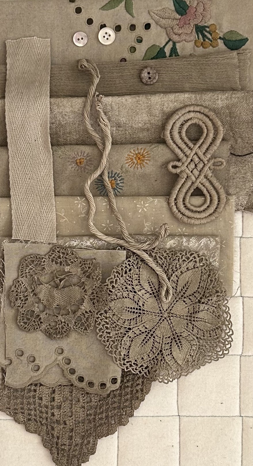 ELDER FLOWER with Iron Plant Dyed Bundle Which Includes Repurposed Cottons, Linen, Trims and Thread for Slow Stitching Projects