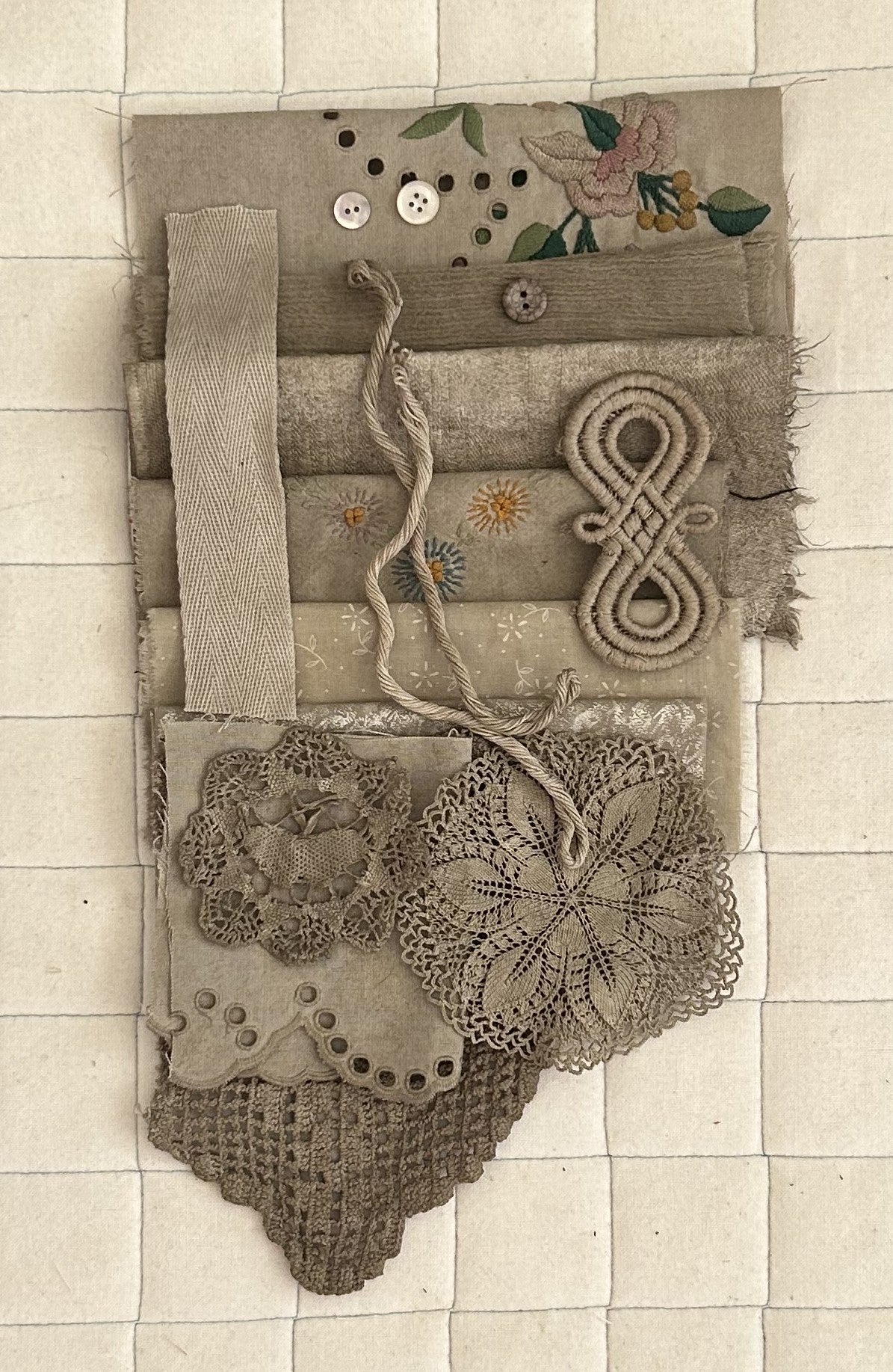 ELDER FLOWER with Iron Plant Dyed Bundle Which Includes Repurposed Cottons, Linen, Trims and Thread for Slow Stitching Projects
