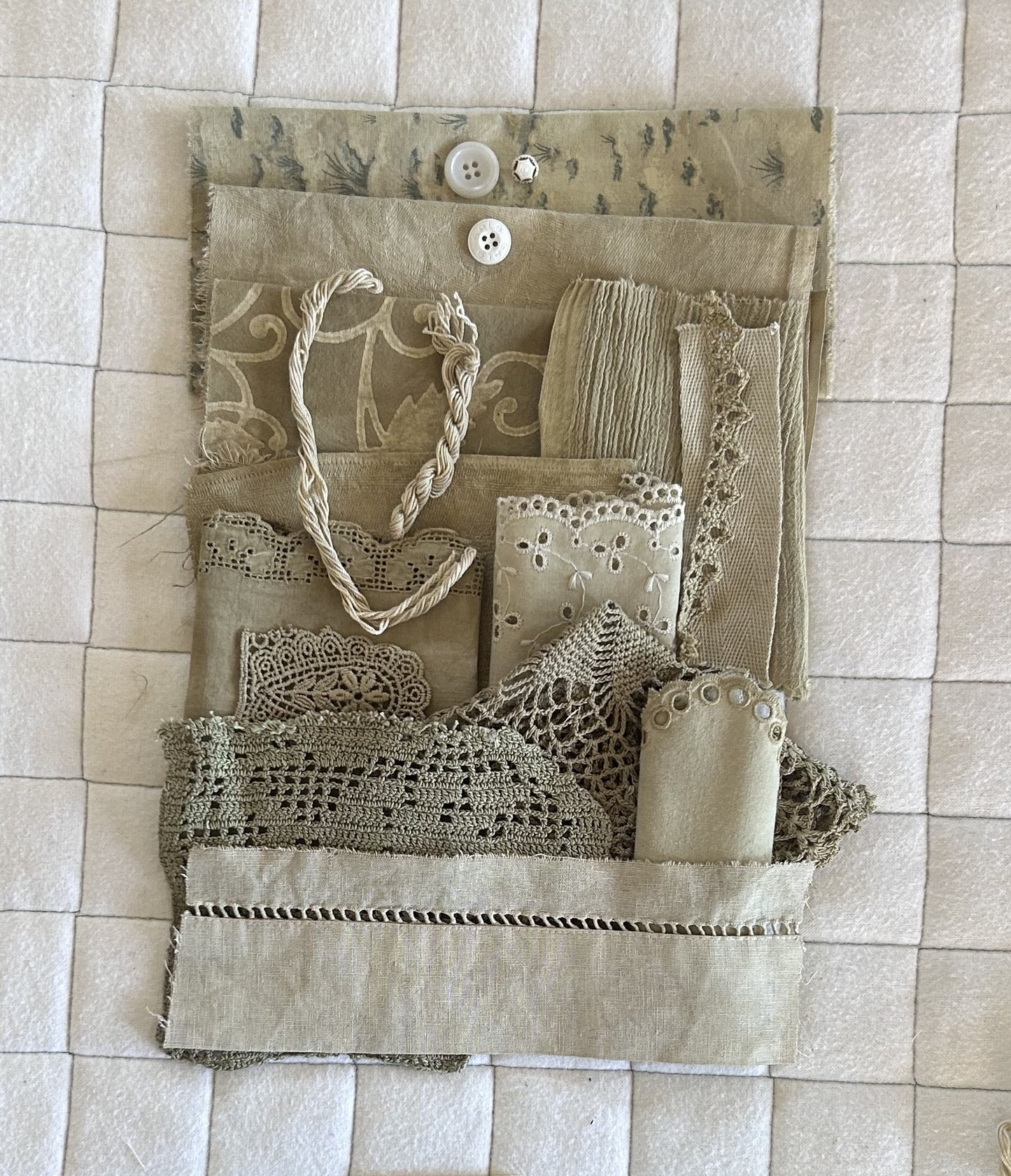 ELDER FLOWER #3 with Iron Plant Dyed Bundle Which Includes Repurposed Cottons, Linen, Trims and Thread for Slow Stitching Projects