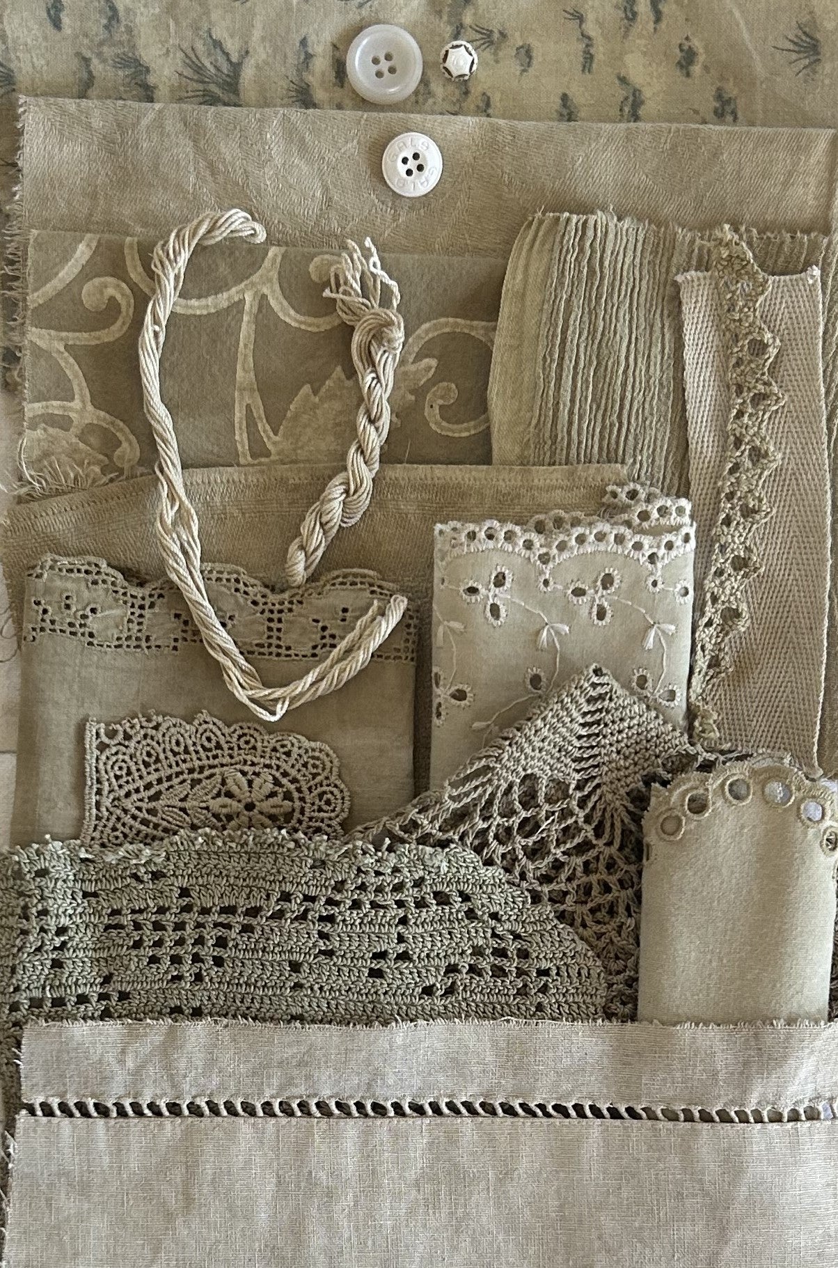 ELDER FLOWER #3 with Iron Plant Dyed Bundle Which Includes Repurposed Cottons, Linen, Trims and Thread for Slow Stitching Projects