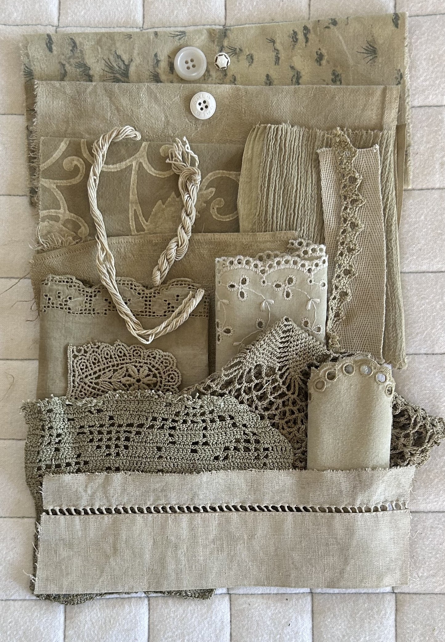 ELDER FLOWER #3 with Iron Plant Dyed Bundle Which Includes Repurposed Cottons, Linen, Trims and Thread for Slow Stitching Projects