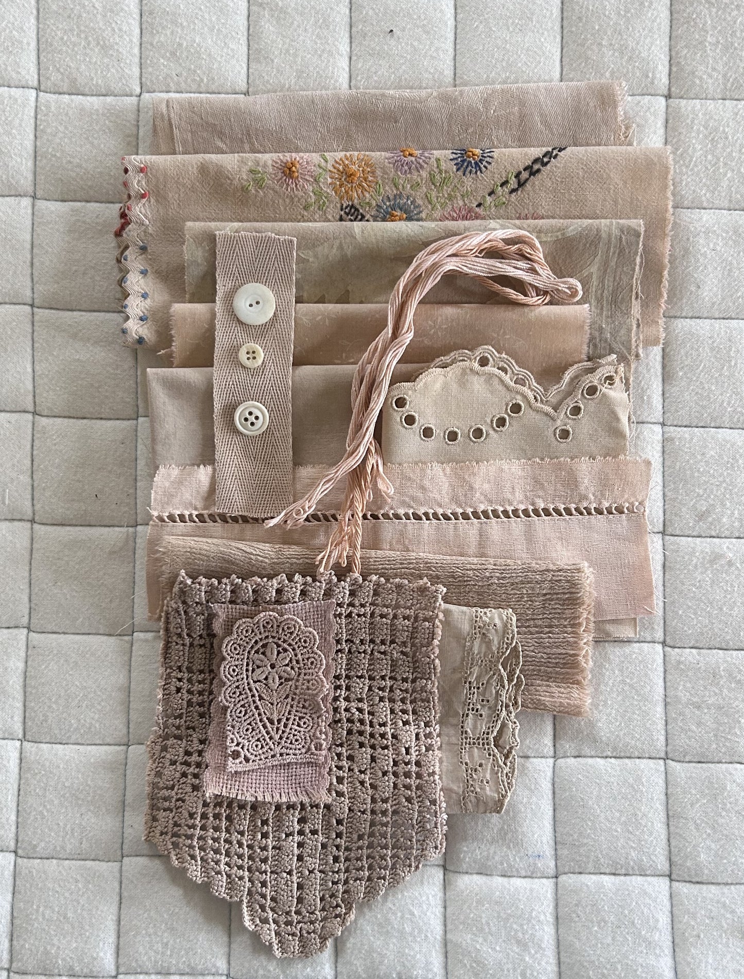 ANNATTO with Iron Plant Dyed Bundle Which Includes Repurposed Cottons, Linen, Trims, Lace, and Thread for Slow Stitching Projects