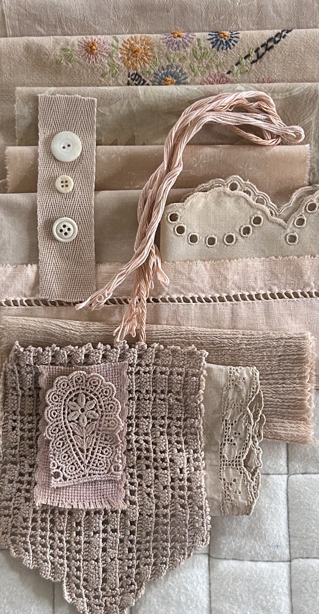 ANNATTO with Iron Plant Dyed Bundle Which Includes Repurposed Cottons, Linen, Trims, Lace, and Thread for Slow Stitching Projects