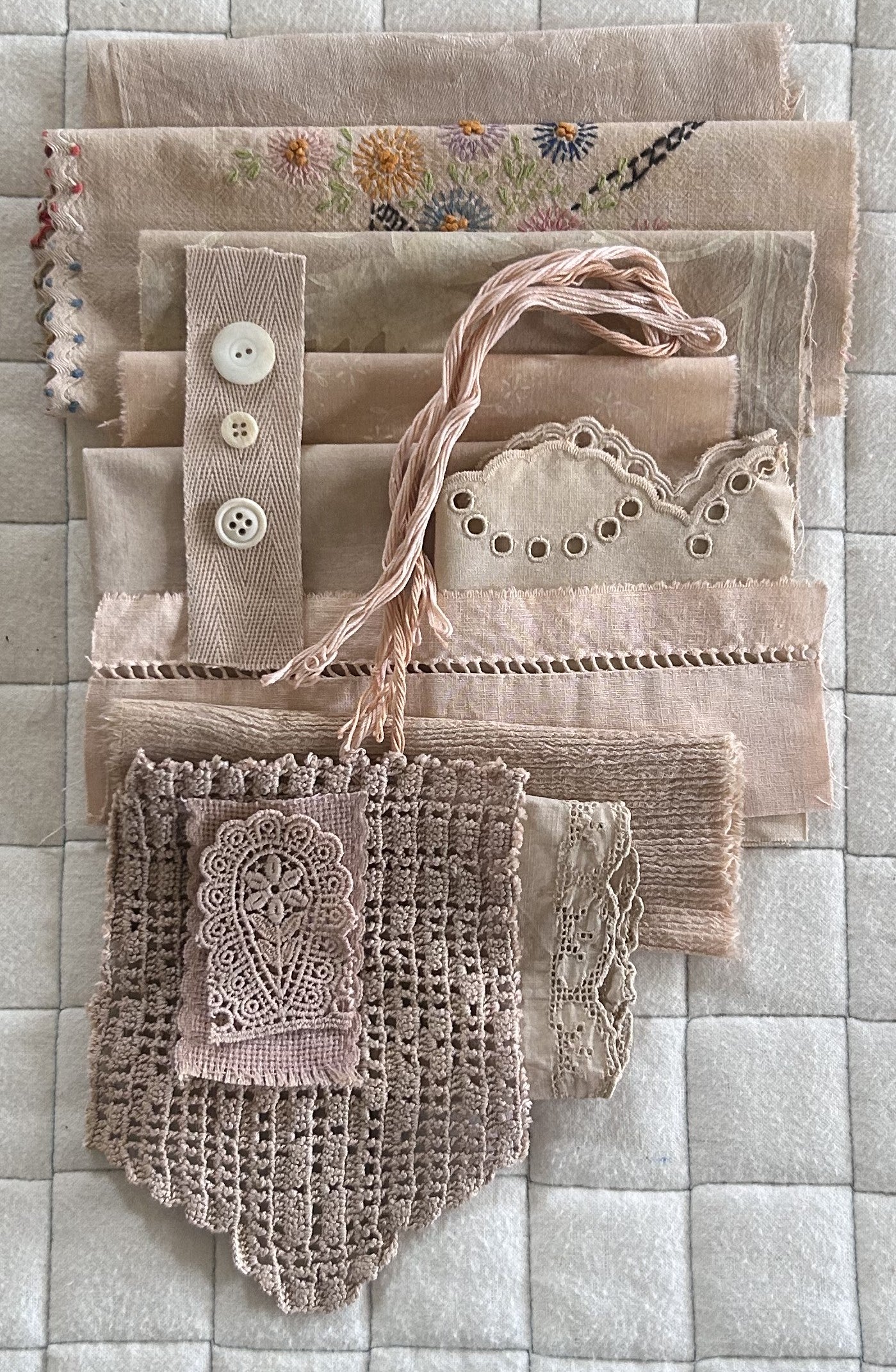 ANNATTO with Iron Plant Dyed Bundle Which Includes Repurposed Cottons, Linen, Trims, Lace, and Thread for Slow Stitching Projects
