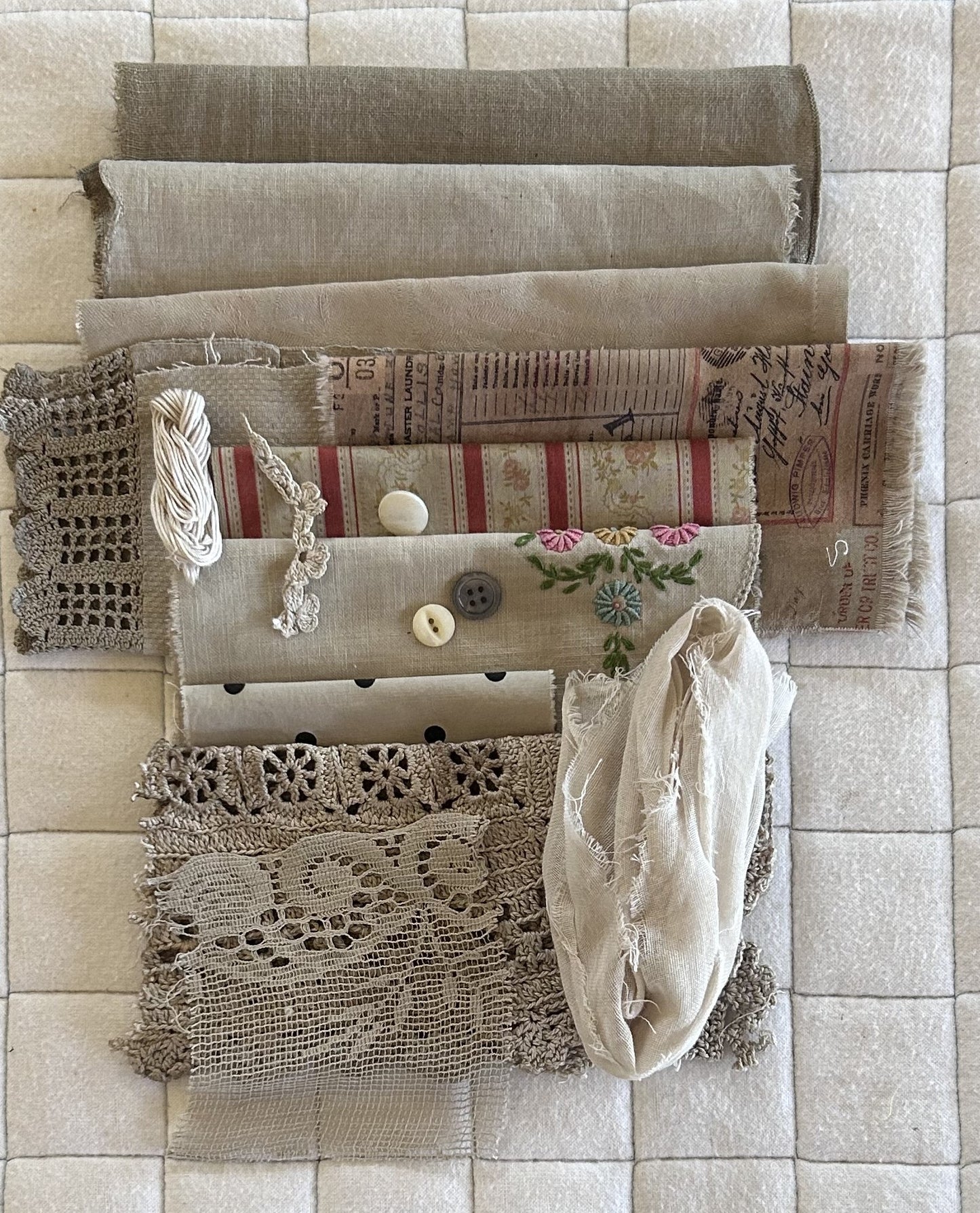 CONEFLOWERS and GLADIOLAS, Darken with Iron Plant Dyed Bundle Which Includes Repurposed Cottons, Linen, Trims, Lace, and Thread for Slow Stitching Projects