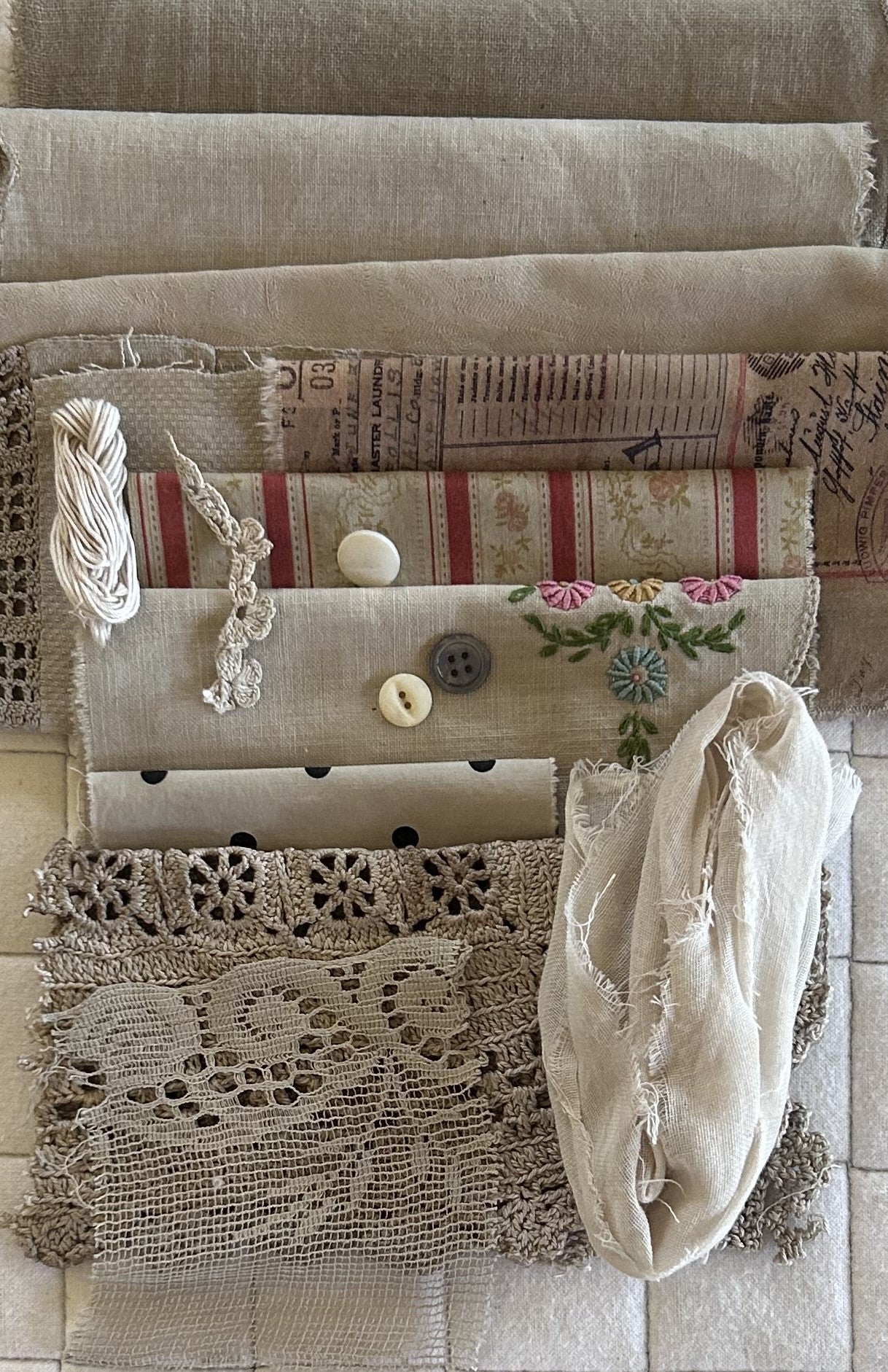 CONEFLOWERS and GLADIOLAS, Darken with Iron Plant Dyed Bundle Which Includes Repurposed Cottons, Linen, Trims, Lace, and Thread for Slow Stitching Projects