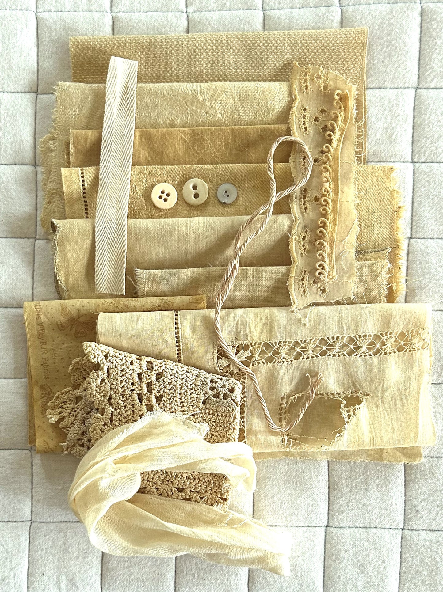 ONION Skins #2 Plant Dyed Bundle Which Includes Repurposed Cottons, Linen, Trims, Lace, and Thread for Slow Stitching Projects