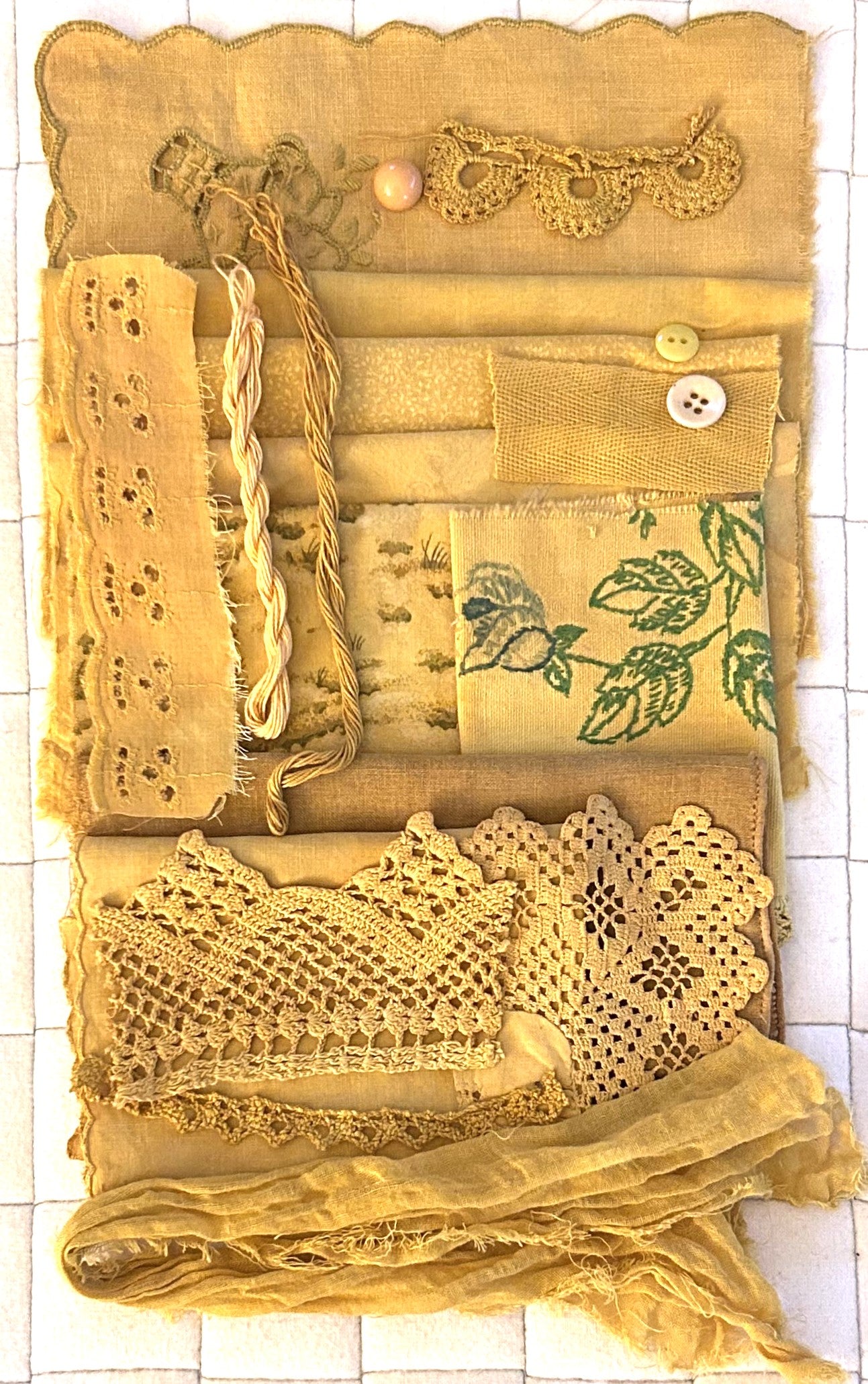 MARIGOLD #1 Plant Dyed Bundle: Repurposed Cottons, Linen, Trims,and Threads for Slow Stitching and Fabric Collage Projects