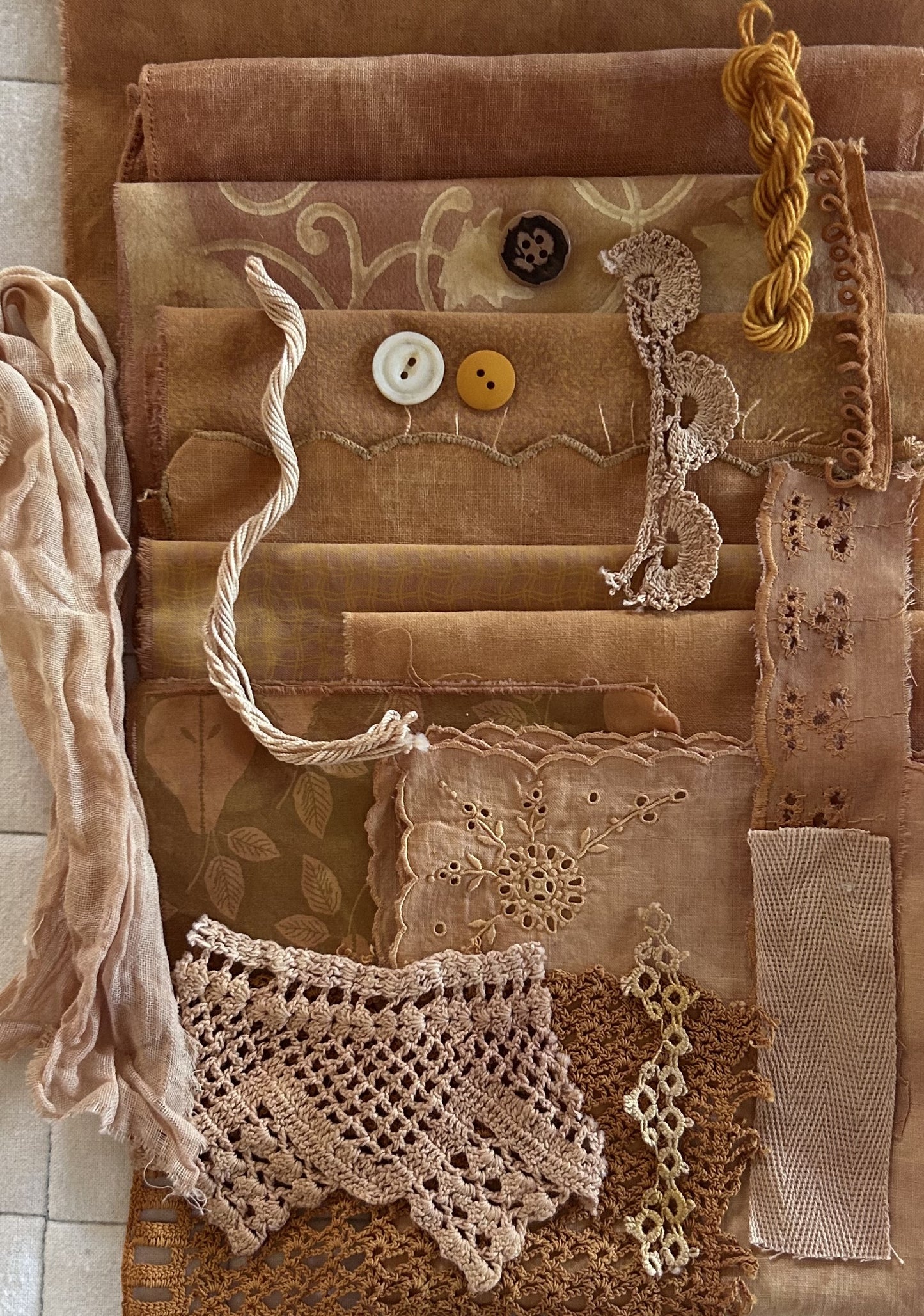 ONION Skins #1 Plant Dyed Bundle Which Includes Repurposed Cottons, Linen, Trims, Lace, and Thread for Slow Stitching Projects