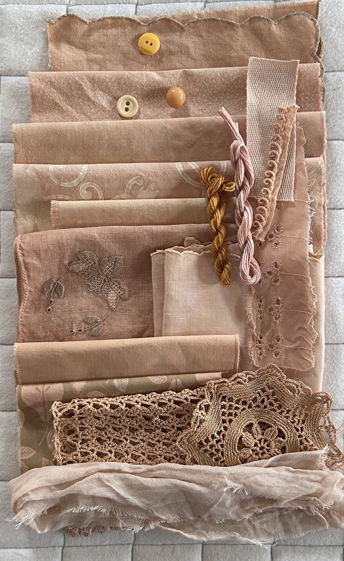 ONION Skins #3 Plant Dyed Bundle Which Includes Repurposed Cottons, Linen, Trims, Lace, and Thread for Slow Stitching Projects