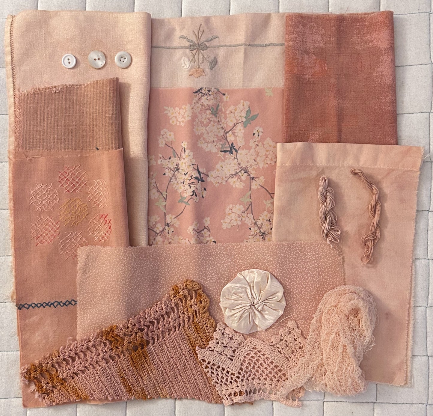 BURDOCK #3 with Soda Ash Plant Dyed Bundle Which Includes Repurposed Cottons, Linen, Trims and Thread for Slow Stitching Projects