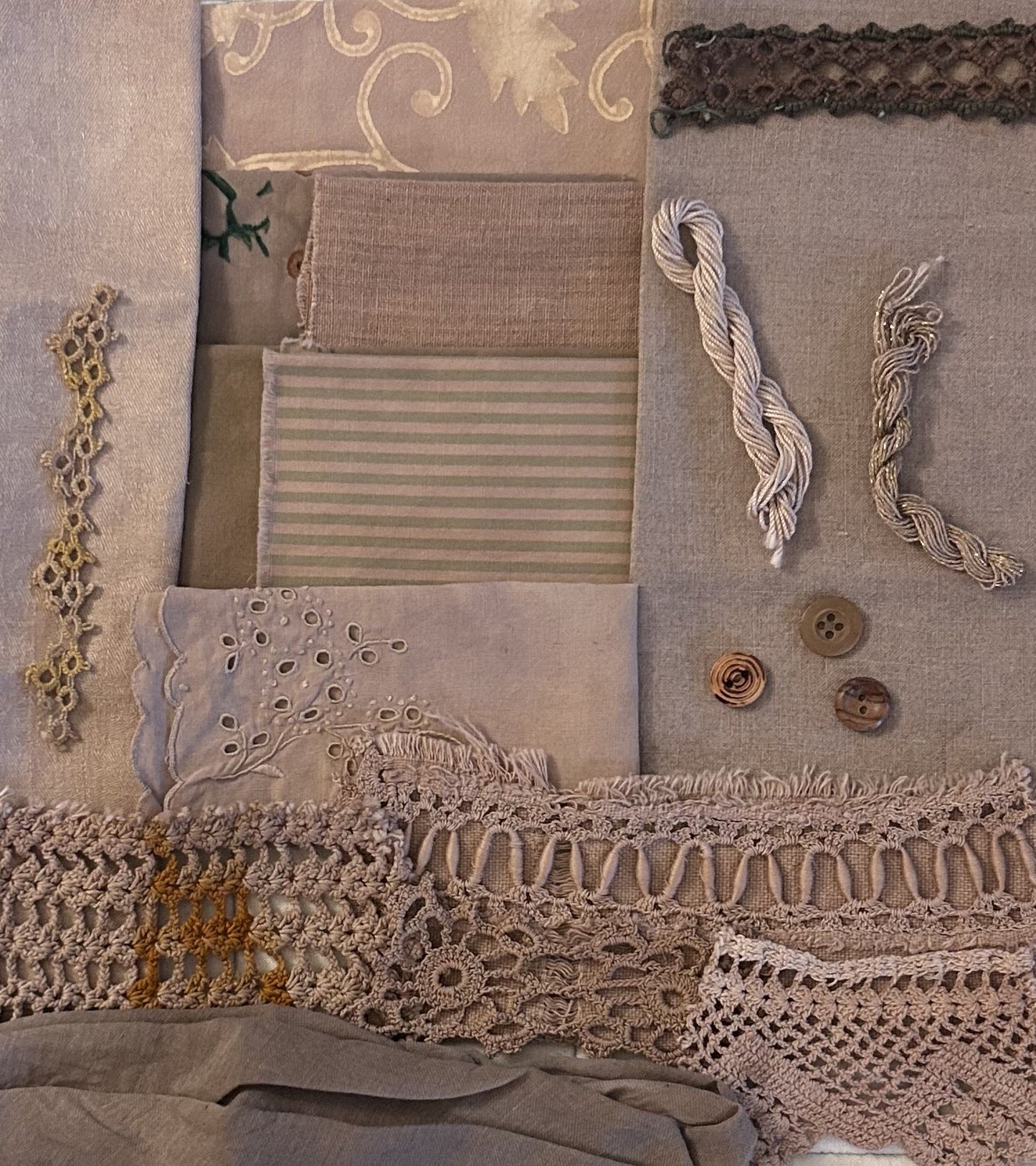 BURDOCK BARK #4 Plant Dyed Bundle Which Includes Repurposed Cottons, Linen, Trims, Lace, and Thread for Slow Stitching Projects