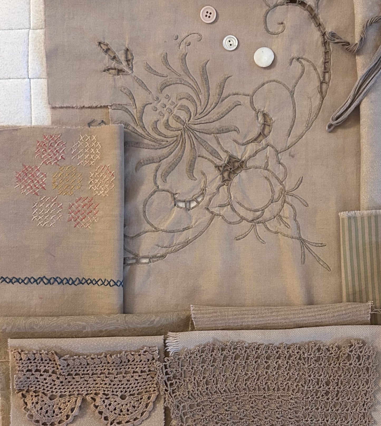 BURDOCK #6 Plant Dyed Bundle: Repurposed Cottons, Linen, Trims,and Threads for Slow Stitching and Fabric Collage Projects