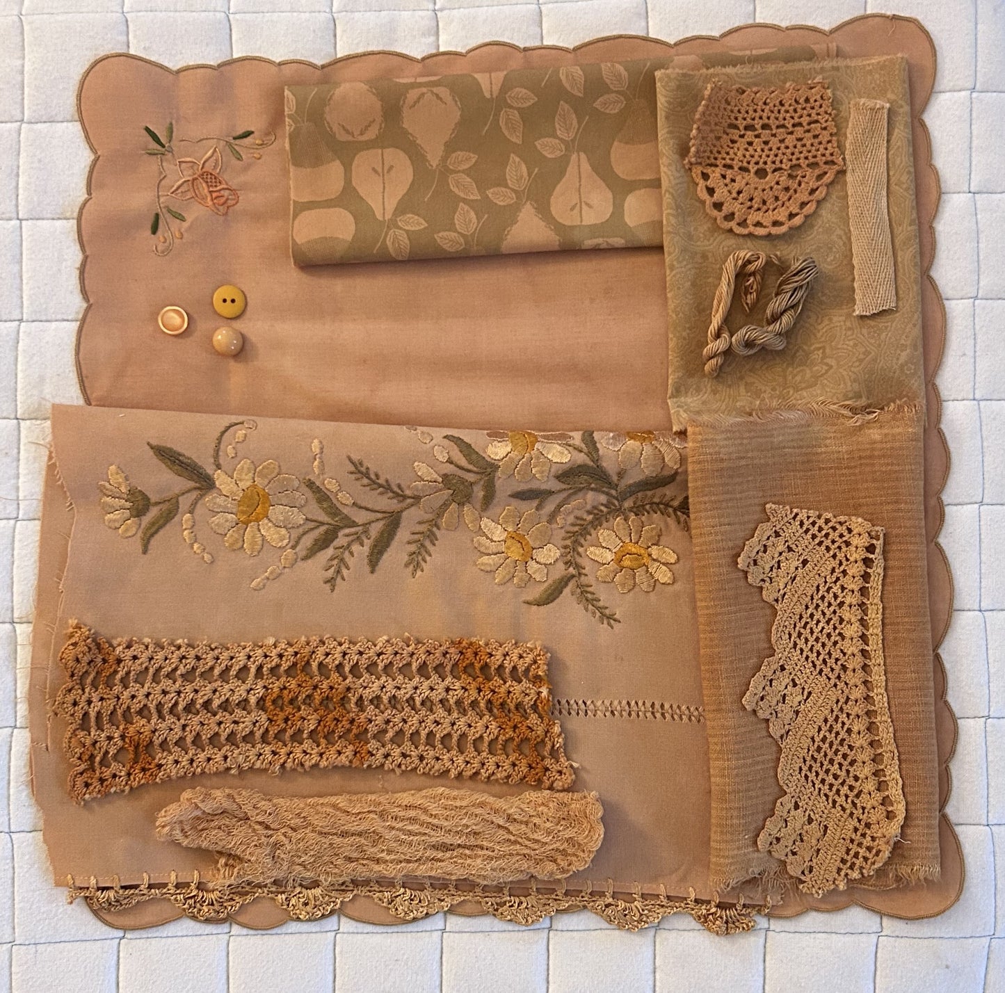 ONION Skins #2 Plant Dyed Bundle Which Includes Repurposed Cottons, Linen, Trims, Lace, and Thread for Slow Stitching Projects