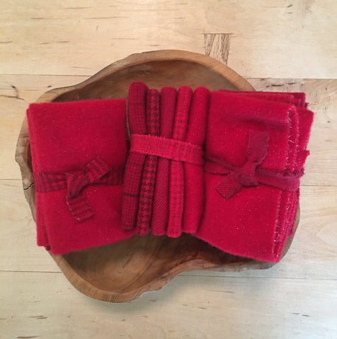 CHRISTMAS REDS Five Pack of Hand Dyed Wool Bundle for Rug Hooking & Applique Quilts