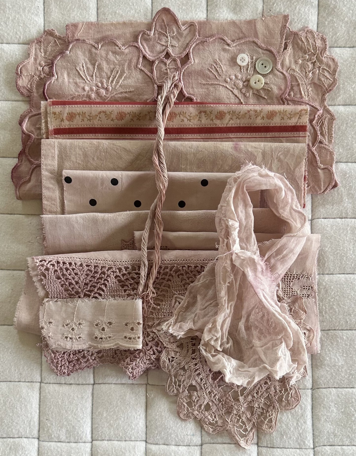 PETUNIA Plant Dyed Bundle Which Includes Repurposed Cottons, Linen, Trims and Thread for Slow Stitching Projects