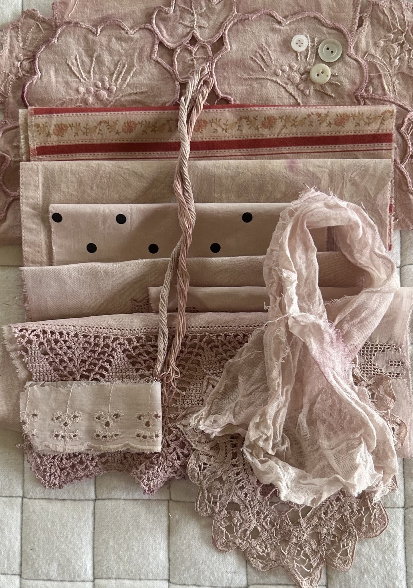 PETUNIA Plant Dyed Bundle Which Includes Repurposed Cottons, Linen, Trims and Thread for Slow Stitching Projects