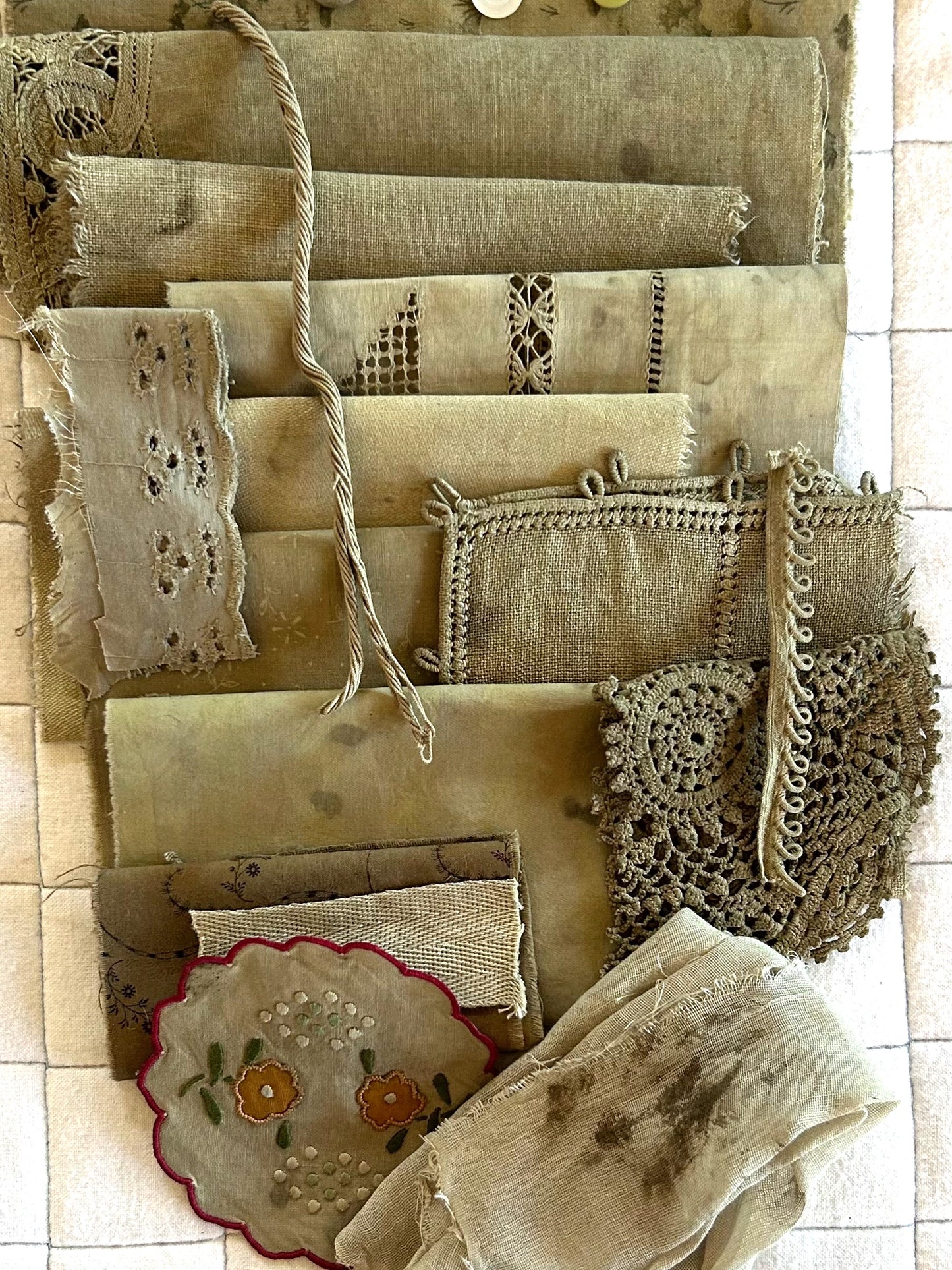 MARIGOLD #2 with Iron Plant Dyed Bundle Which Includes Repurposed Cottons, Linen, Trims and Thread for Slow Stitching Projects