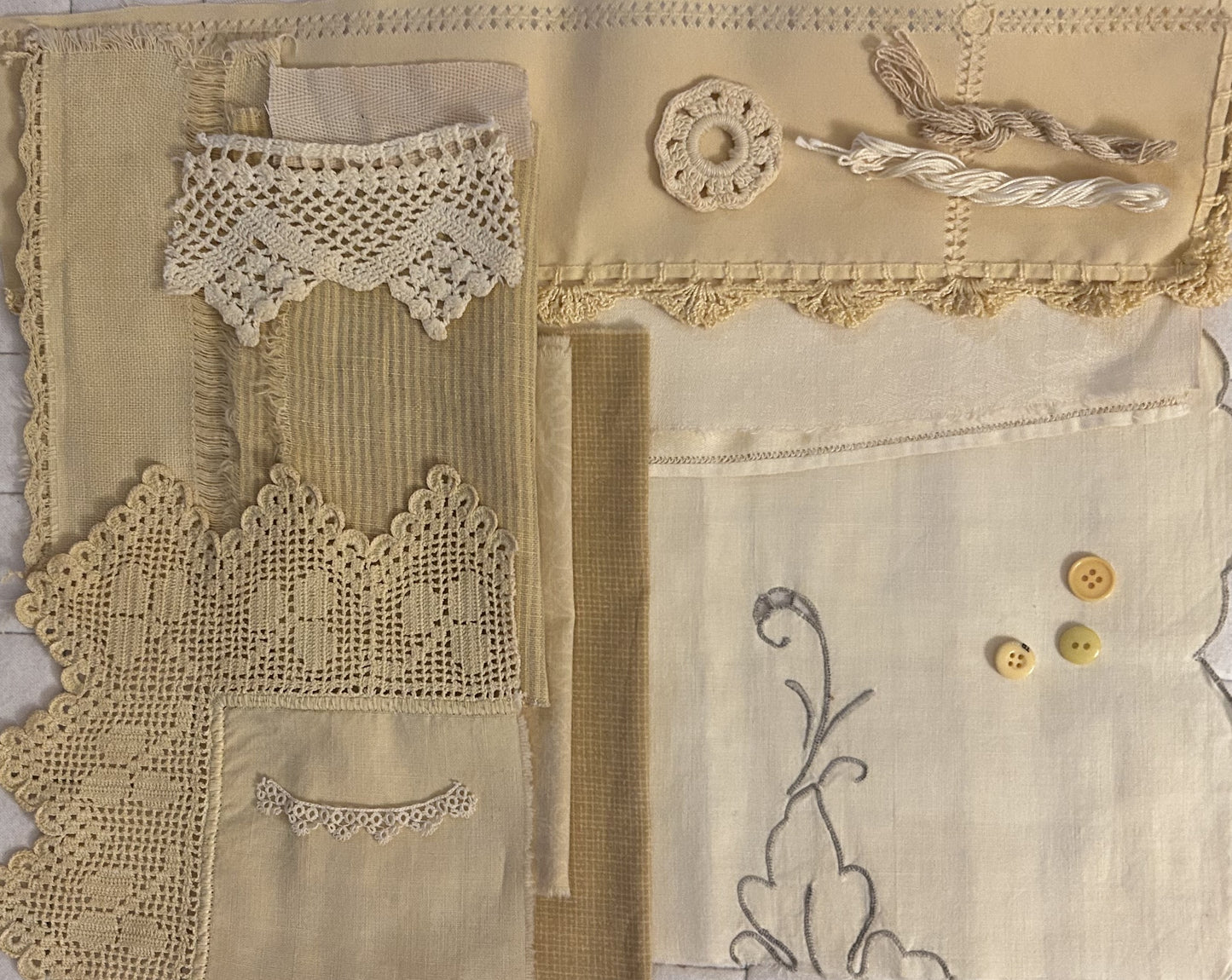 CHAMOMILE Plant Dyed Bundle with Repurposed Cottons, Linen, Trims,and Threads for Slow Stitching and Fabric Collage Projects