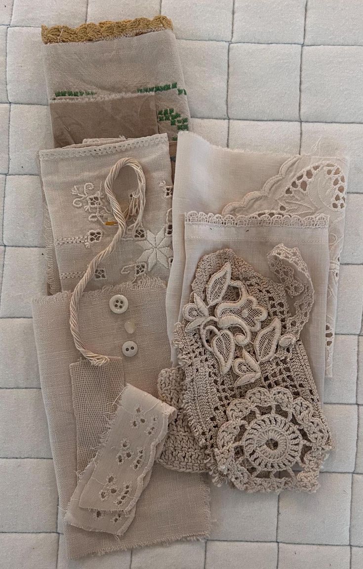 MARJORAM and MARIGOLDS Plant Dyed Bundle Which Includes Repurposed Cottons, Linen, Trims, Lace, and Thread for Slow Stitching Projects