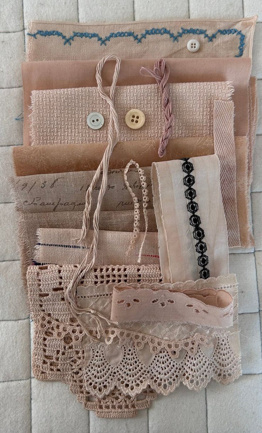 BIRCH Plant Dyed Bundle Which Includes Repurposed Cottons, Linen, Trims and Thread for Slow Stitching Projects