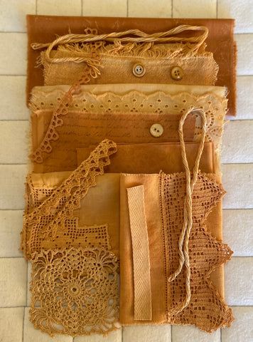ONION SKIN #2 Plant Dyed Bundle Which Includes Repurposed Cottons, Linen, Trims, Lace, and Thread for Slow Stitching Projects