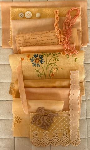 ANNATTO Plant Dyed Bundle Which Includes Repurposed Cottons, Linen, Trims, Lace, and Thread for Slow Stitching Projects