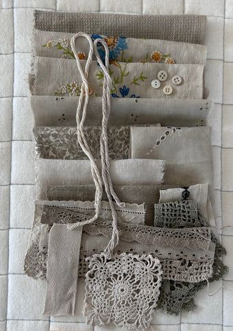 DANDELION with IRON #1 Plant Dyed Bundle Which Includes Repurposed Cottons, Linen, Trims, Lace, and Thread for Slow Stitching Projects