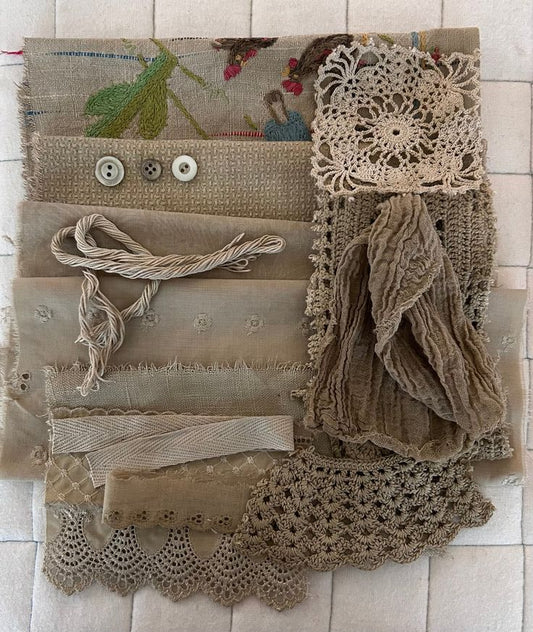 YERBA MATE Plant Dyed Bundle Which Includes Repurposed Cottons, Linen, Trims and Thread for Slow Stitching Projects