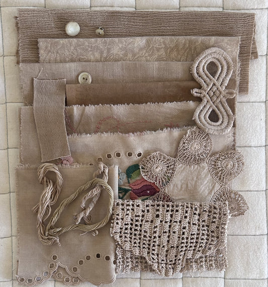 WALNUT and ROSE Plant Dyed Bundle Which Includes Repurposed Cottons, Linen, Trims, Lace, and Thread for Slow Stitching Projects