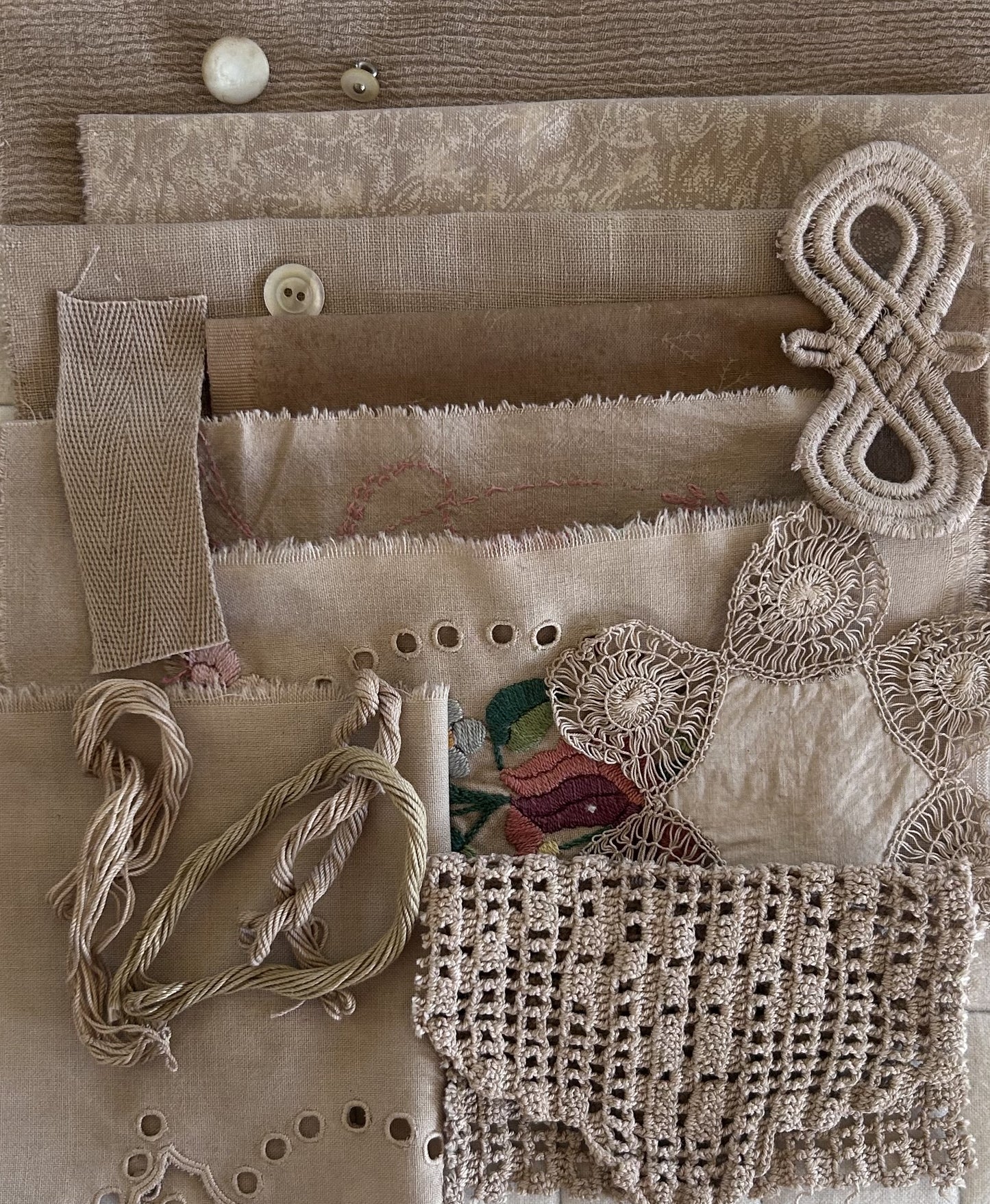 WALNUT and ROSE Plant Dyed Bundle Which Includes Repurposed Cottons, Linen, Trims, Lace, and Thread for Slow Stitching Projects