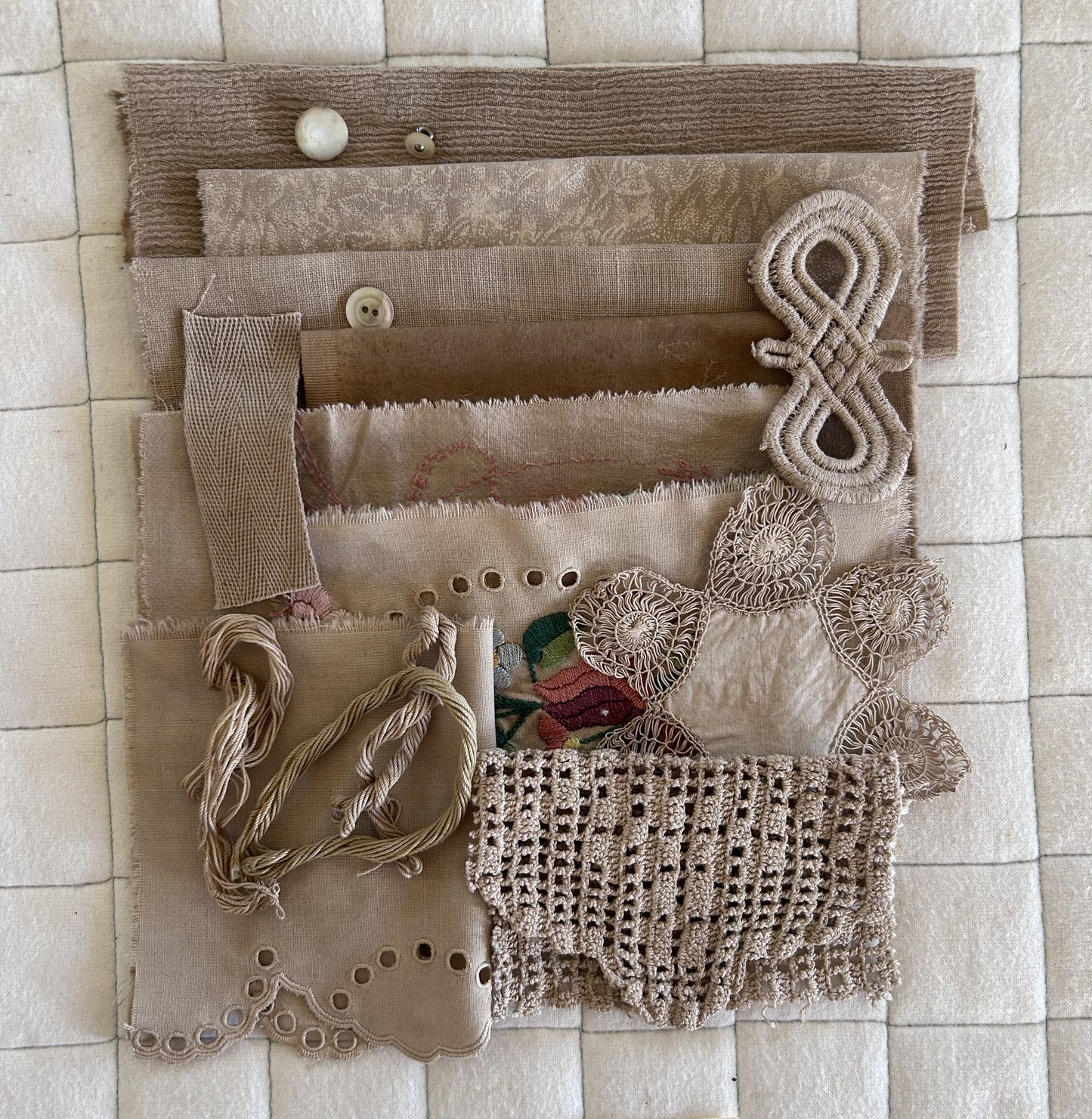 WALNUT and ROSE Plant Dyed Bundle Which Includes Repurposed Cottons, Linen, Trims, Lace, and Thread for Slow Stitching Projects