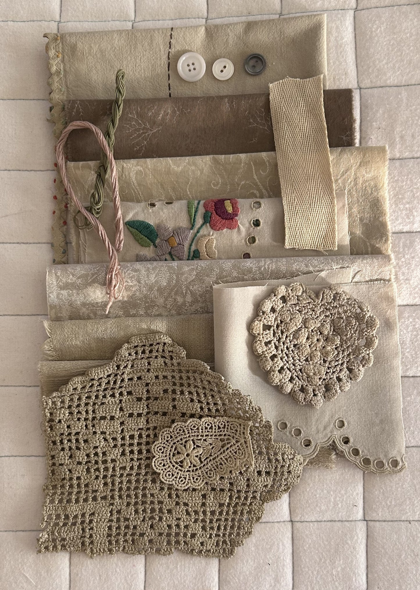 BUTTERFLY BUSH with IRON Plant Dyed Bundle Which Includes Repurposed Cottons, Linen, Trims, Lace, and Thread for Slow Stitching Projects