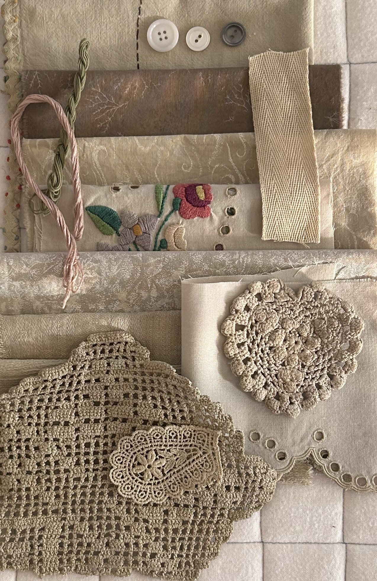 BUTTERFLY BUSH with IRON Plant Dyed Bundle Which Includes Repurposed Cottons, Linen, Trims, Lace, and Thread for Slow Stitching Projects