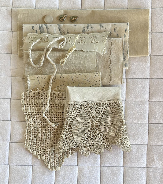 CARROT TOPS Plant Dyed Bundle Which Includes Repurposed Cottons, Linen, Trims and Thread for Slow Stitching Projects