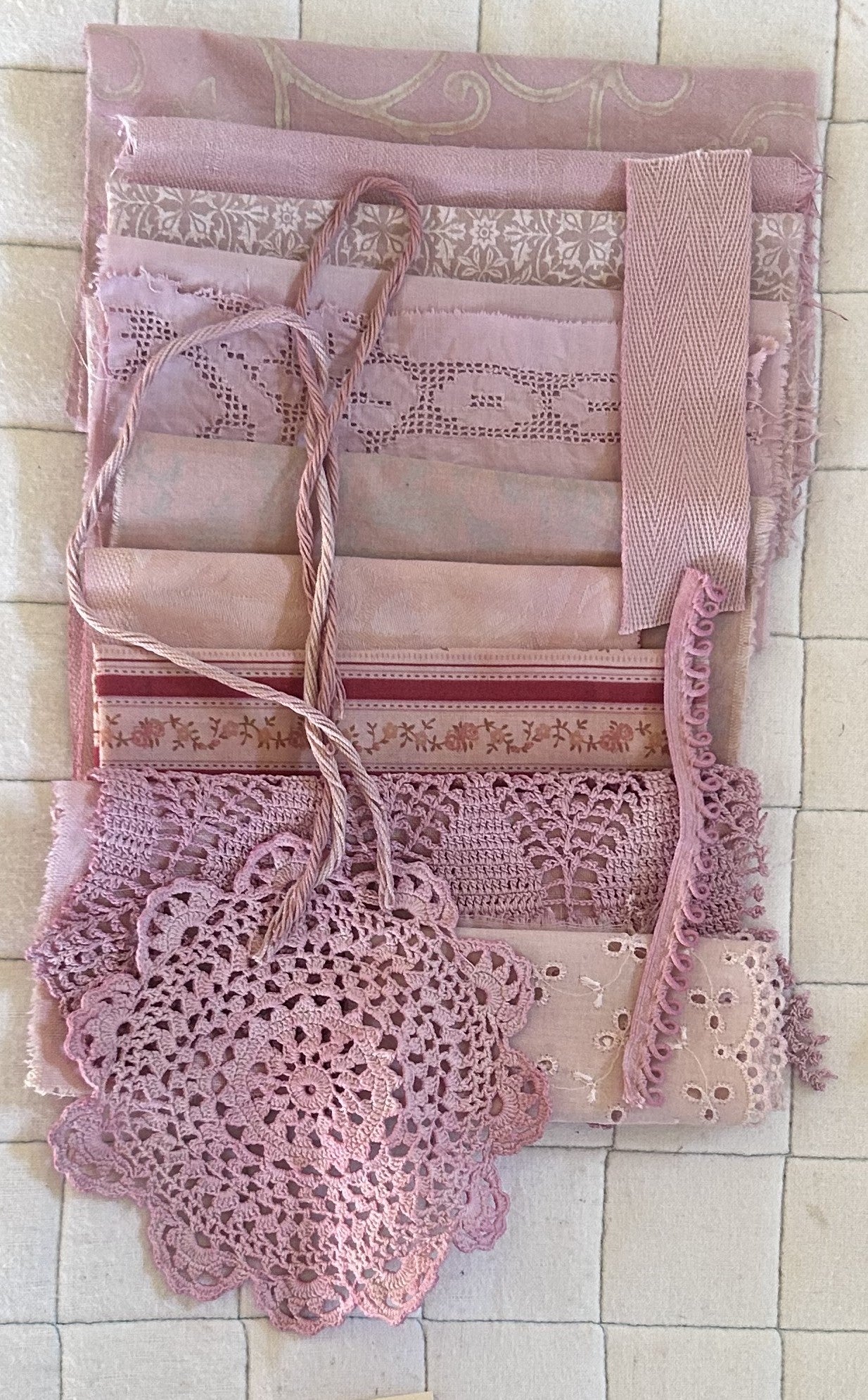 COSMOS #3 Plant Dyed Bundle Which Includes Repurposed Cottons, Linen, Trims, Lace, and Thread for Slow Stitching Projects