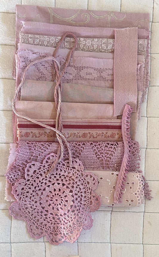 COSMOS #3 Plant Dyed Bundle Which Includes Repurposed Cottons, Linen, Trims, Lace, and Thread for Slow Stitching Projects