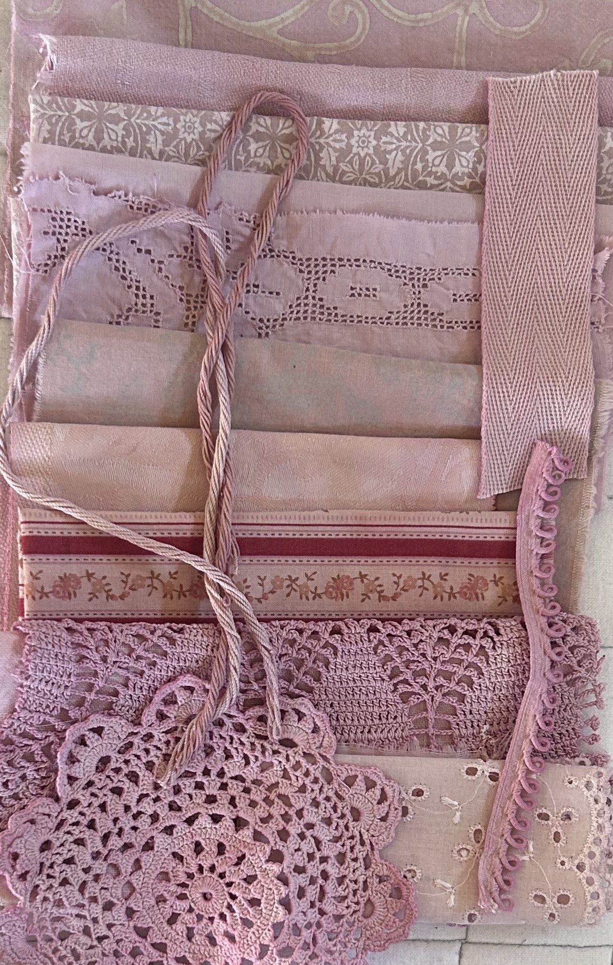 COSMOS #3 Plant Dyed Bundle Which Includes Repurposed Cottons, Linen, Trims, Lace, and Thread for Slow Stitching Projects