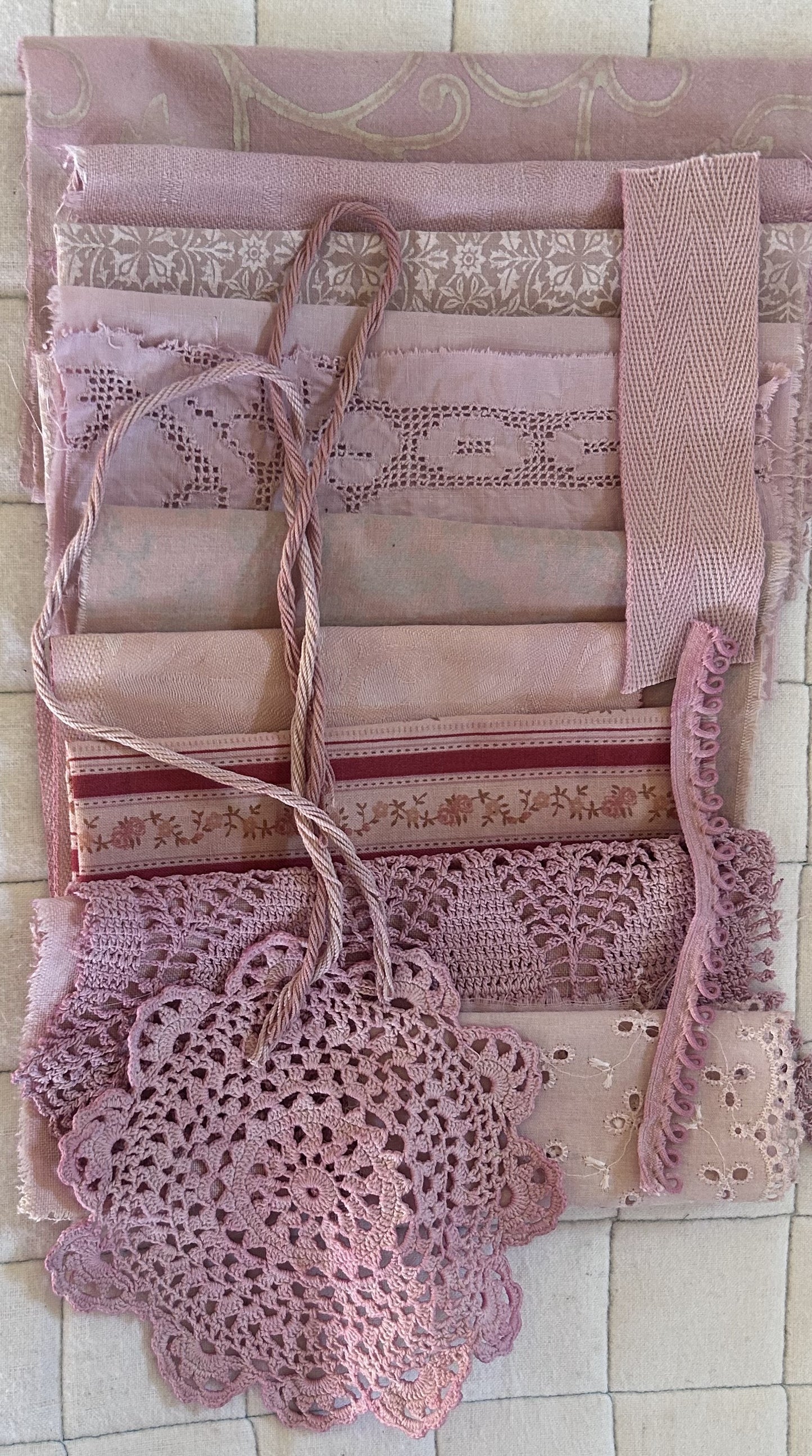 COSMOS #3 Plant Dyed Bundle Which Includes Repurposed Cottons, Linen, Trims, Lace, and Thread for Slow Stitching Projects