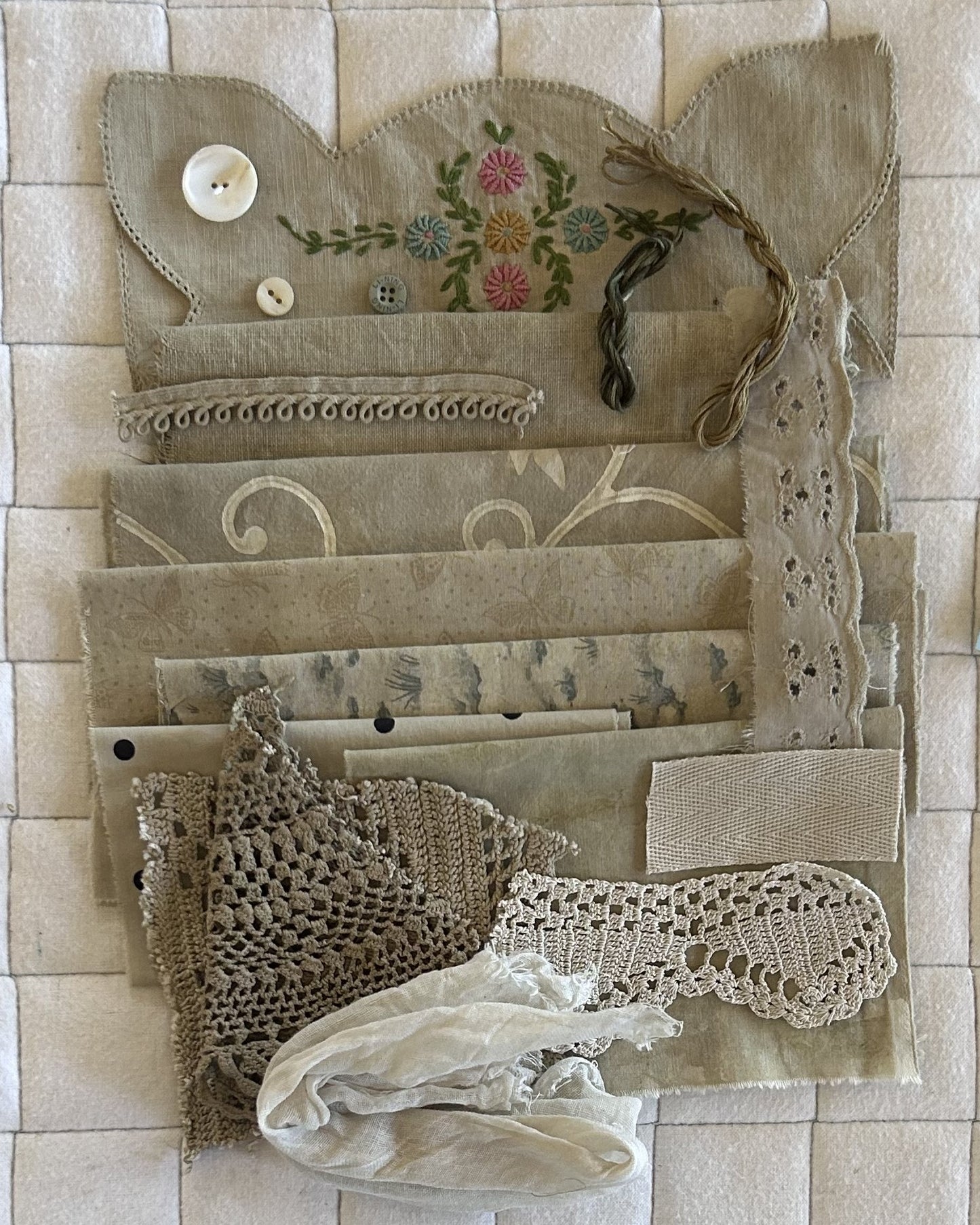 ELDER FLOWER  with Iron Plant Dyed Bundle Which Includes Repurposed Cottons, Linen, Trims and Thread for Slow Stitching Projects