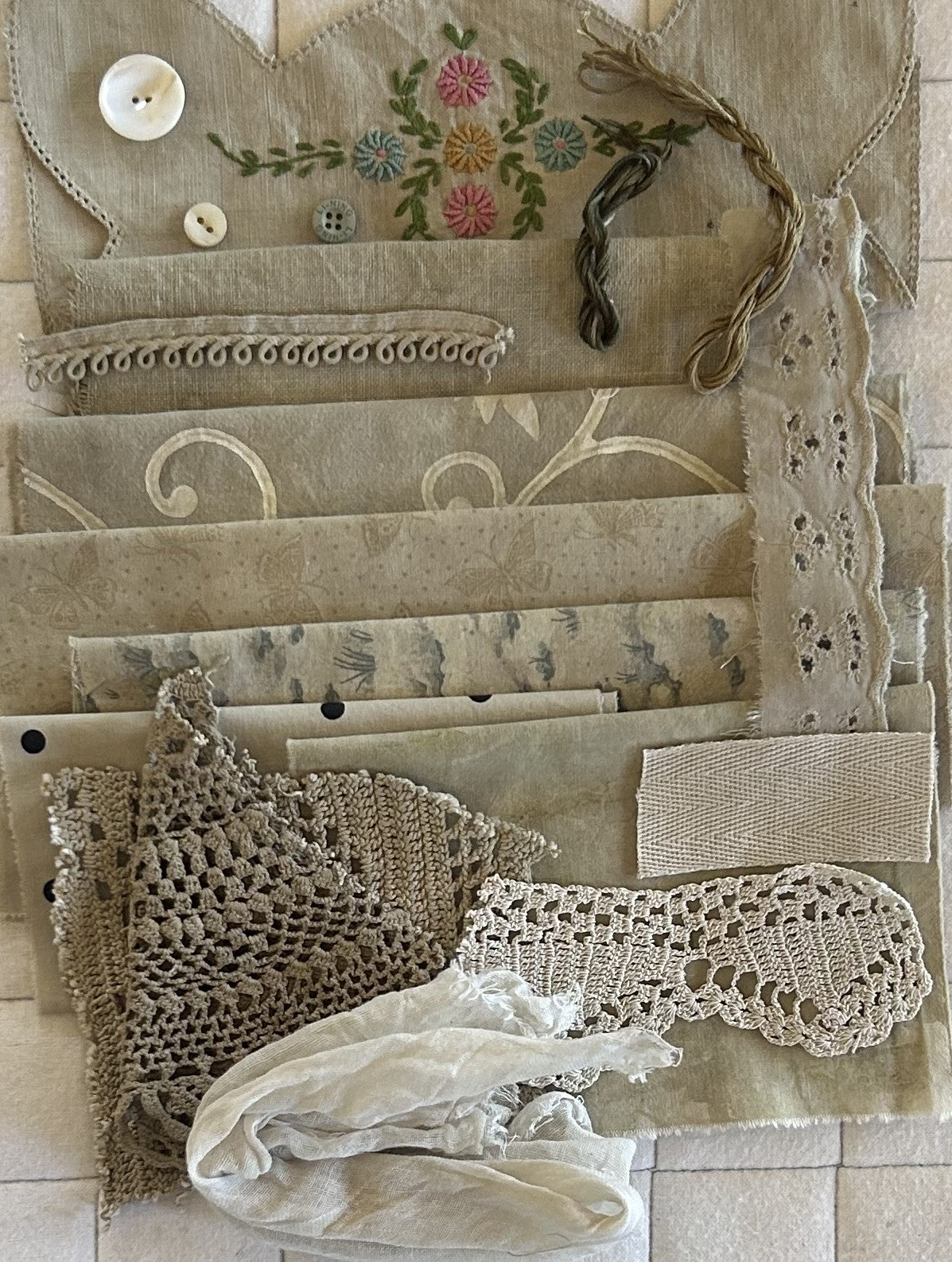 ELDER FLOWER  with Iron Plant Dyed Bundle Which Includes Repurposed Cottons, Linen, Trims and Thread for Slow Stitching Projects