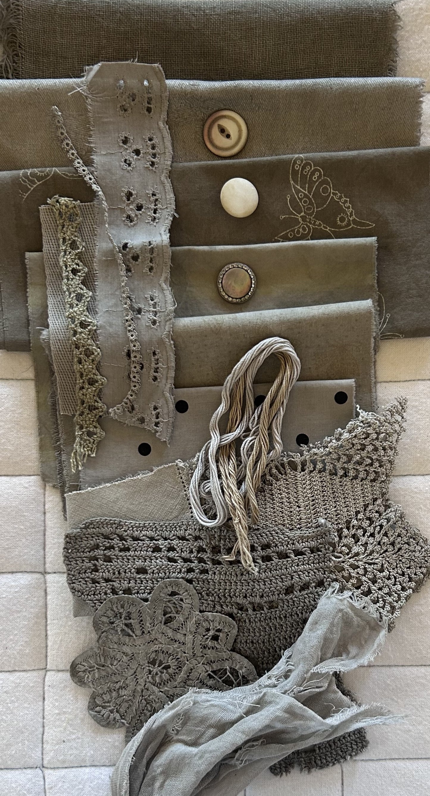 HYDRANGEA with Iron Plant Dyed Bundle Which Includes Repurposed Cottons, Linen, Trims and Thread for Slow Stitching Projects
