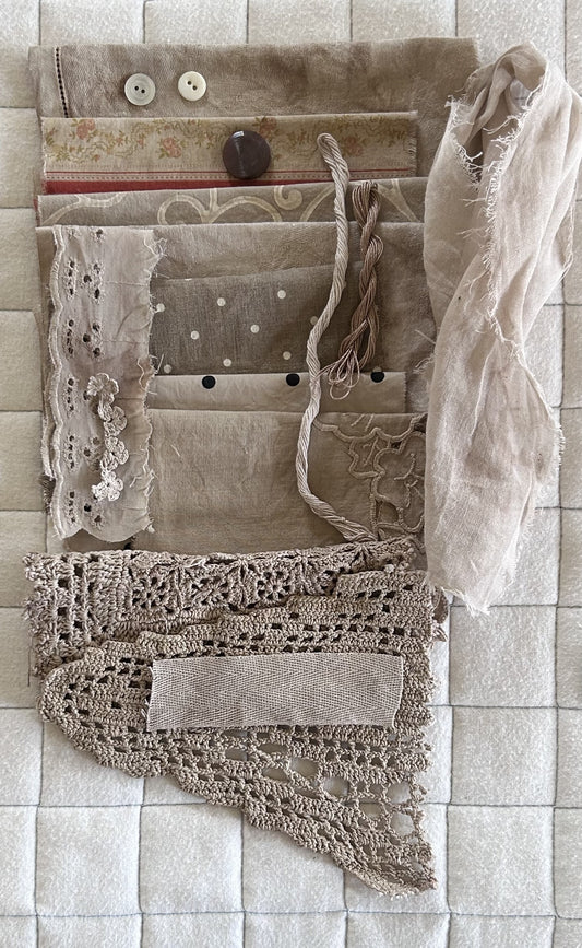 LIGHT WALNUT #2 Plant Dyed Bundle Which Includes Repurposed Cottons, Linen, Trims, Lace, and Thread for Slow Stitching Projects